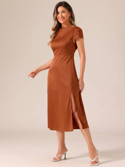 Allegra K - Satin Cowl Neck Cap Sleeve Midi Dress