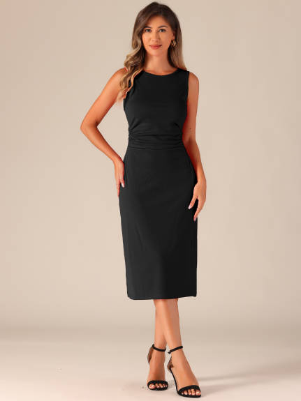 Allegra K- Ruched Crew Neck Sleeveless Midi Dress