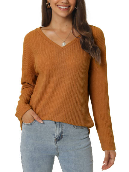 Allegra K- V Neck Waffle Knit Long Sleeve Slim Fit Top