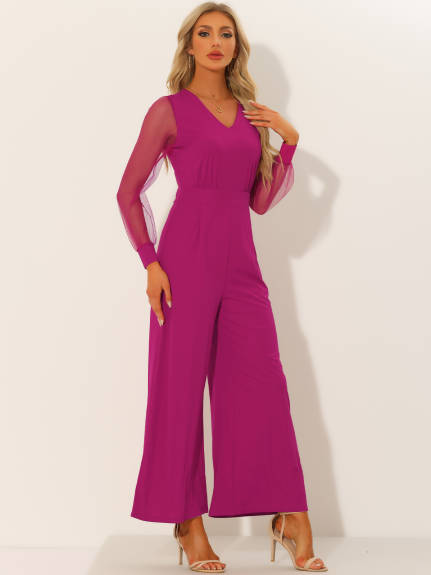 Allegra K - Mesh Long Sleeve V Neck Wide Leg Jumpsuit