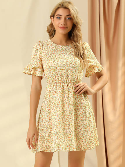 Allegra K- Bell Sleeve High Waist A-Line Flowy Ditsy Floral Dress