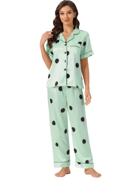 cheibear - Polka Dots Button Down Satin Sleepwear Set