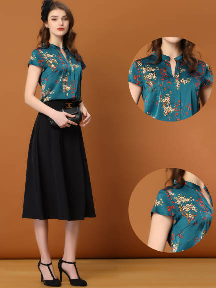 Allegra K- Satin Floral Cap Sleeve Blouse