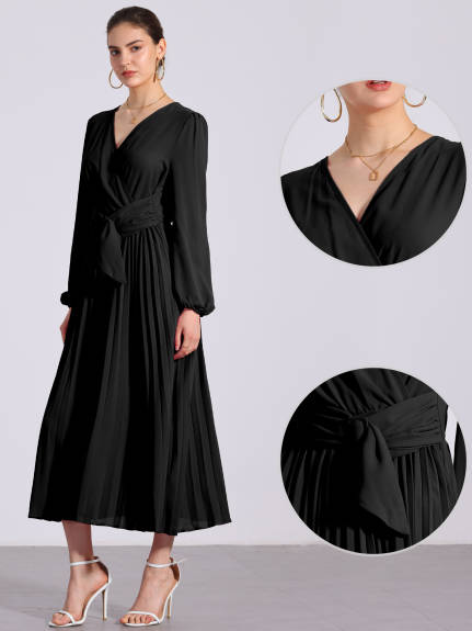 Allegra K - Pleated V-Neck Puff Sleeve Midi Dress