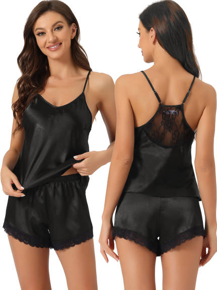 cheibear - Racer Back Camisole Satin Lounge Set