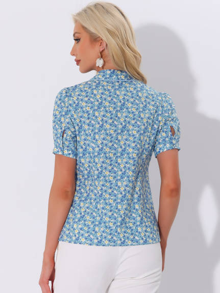 Allegra K- Contrast Trim Puff Sleeve Floral Shirt