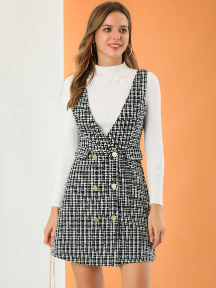 Allegra K - Elegant Button Plaid Tweed Overalls Skirt