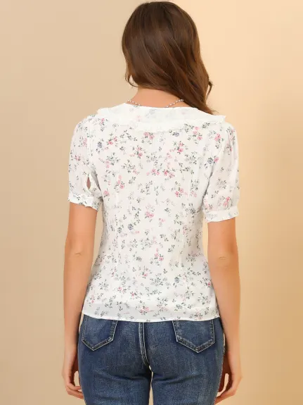 Allegra K - Haut en mousseline de soie floral d'été à col noué et col en dentelle