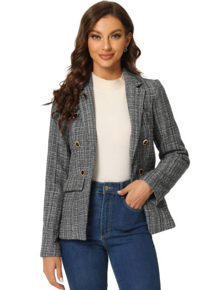 Allegra K- Notched Lapel Open Front Plaid Tweed Blazer