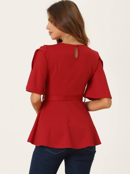 Allegra K- Split Half Short Sleeve Self Tie Waist Peplum Top