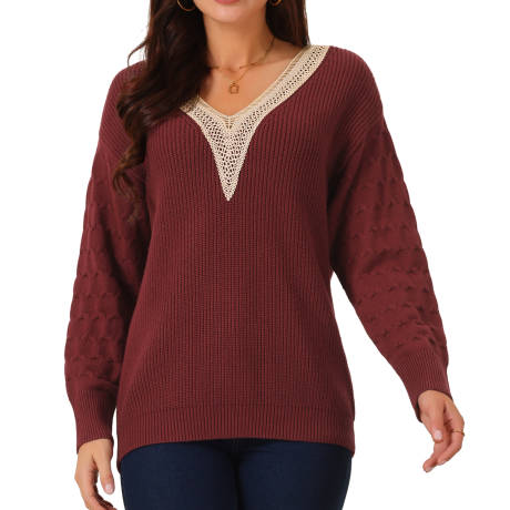 Allegra K - Lace V Neck Drop Shoulder Sweater