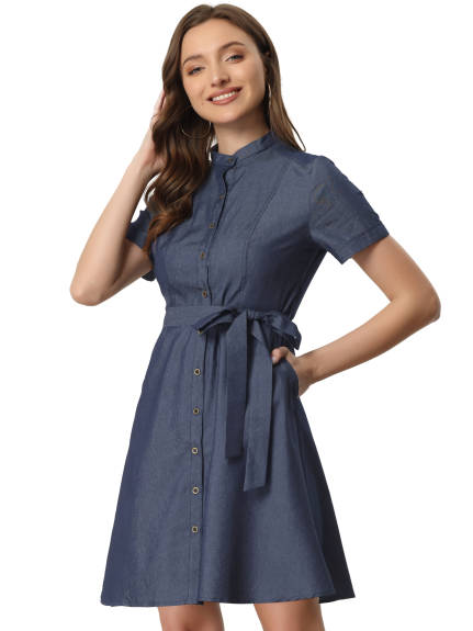 Allegra K- Button Down Short Sleeve Denim Chambray Shirt Dress