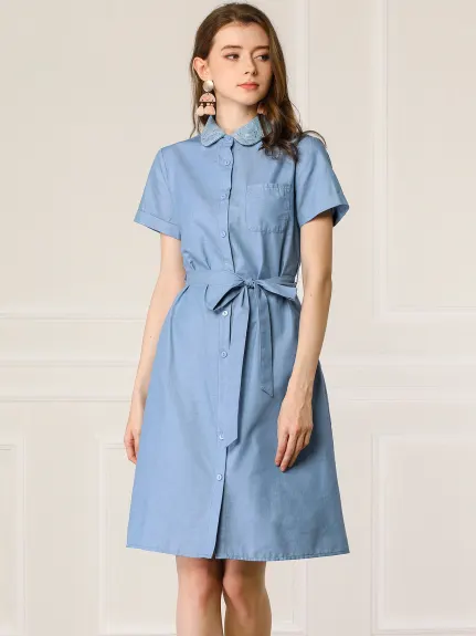 Allegra K- Button Down Belted Denim Shirt Dress