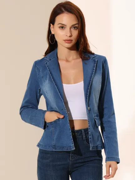 Allegra K- Notched Lapel One Button Washed Denim Blazer