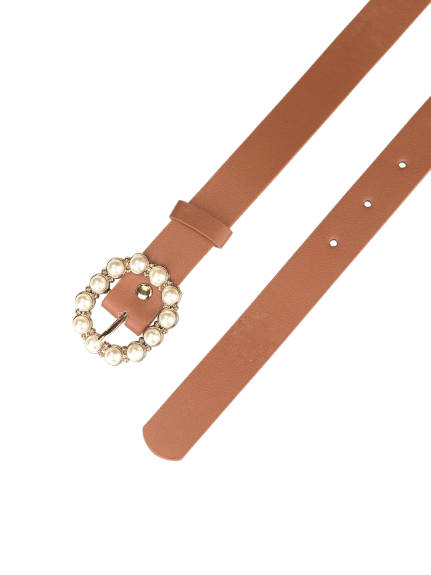 Allegra K- Pearl Waistband Skinny Leather Pin Buckle Belt