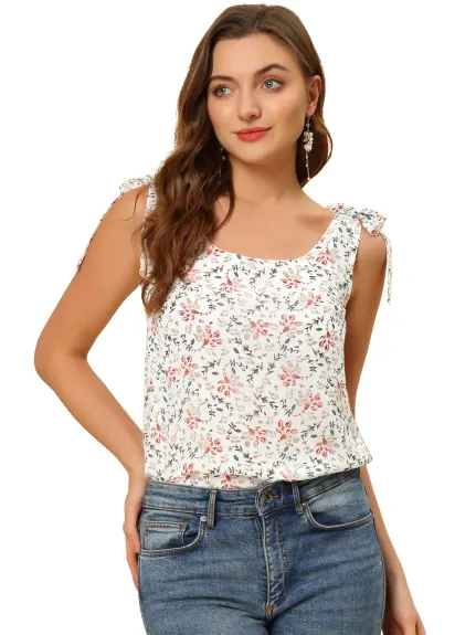 Allegra K- Floral Tie Straps Chiffon Tank Top