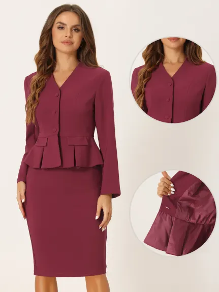 Allegra K - Collarless Peplum Blazer Skirt Business Suit