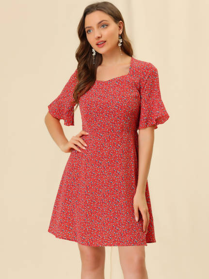 Allegra K- Smocked Waist Back Floral Dress