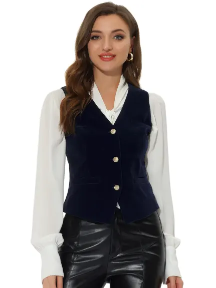 Allegra K- Steampunk Velvet Sleeveless Button Down V-Neck Suit Vest