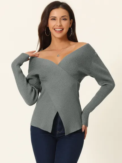 Allegra K- V Neck Wrap Long Sleeve Sweater Top