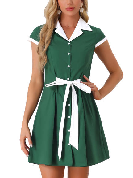 Allegra K- Button Down Flat Collar Belted Mini Shirt Dress