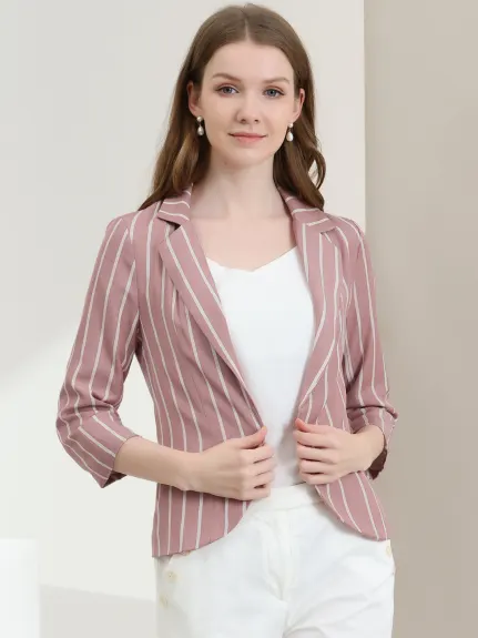 Allegra K- Casual Striped 3/4 Sleeves Open Front Notched Lapel Blazer