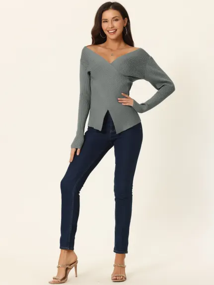 Allegra K- V Neck Wrap Long Sleeve Sweater Top