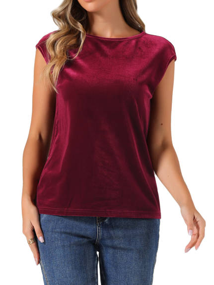 Allegra K - Velvet Crew Neck Cap Sleeve Top