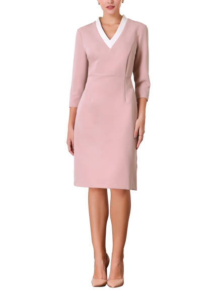 Hobemty - Contrast Color V-Neck Work Sheath Dress