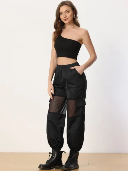 Allegra K- Mesh Panel Pant High Waist Sheer Elastic Baggy Cargo Pants