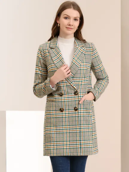 Allegra K- Notched Lapel Double Breasted Plaid Blazer