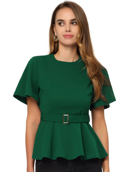 Allegra K - Bell Sleeve Belted Waist Peplum Top