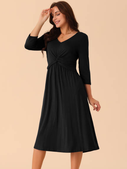 Allegra K - Twist Knot Front 3/4 Sleeve Midi Dress