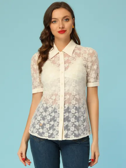 Allegra K- Floral Lace Semi Sheer Button Down Blouse