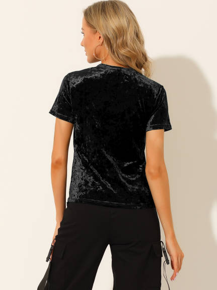 Allegra K- Velvet Top Crew Neck Short Sleeve T-Shirt