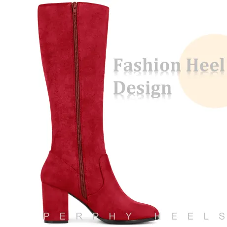 Allegra K- Round Toe Solid Chunky Heels Knee High Boots