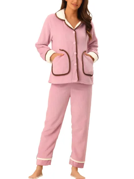 cheibear - Button Top and Pants Flannel Pajamas Set