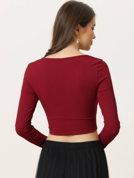 Allegra K - V Neck Tie Front Long Sleeve Crop Top