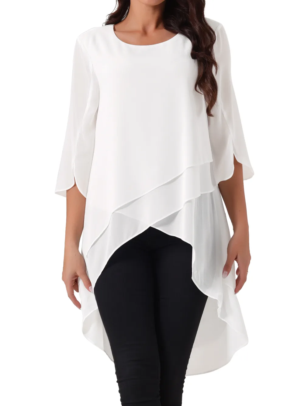 Allegra K - High Low Scoop Neck 3/4 Sleeve Blouse