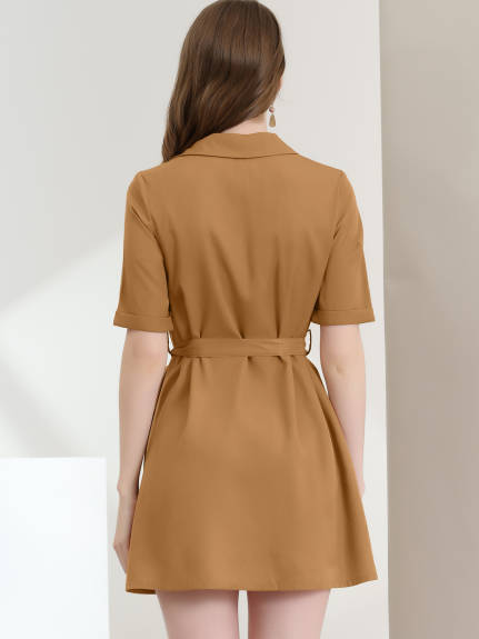 Allegra K- Turndown Collar Belted Shirt Dress with Pockets