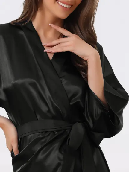 cheibear - 3/4 Sleeves Tie Waist Satin  Night Robe