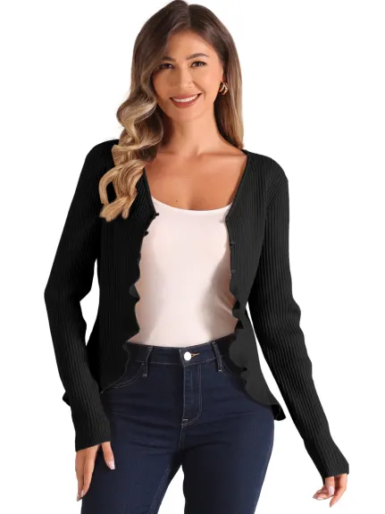 Allegra K - Long Sleeve Ruffle Cropped Knit Cardigan