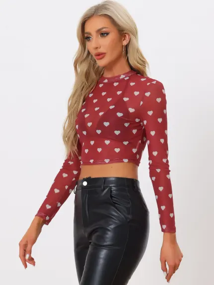 Allegra K- Semi-Sheer Blouse Heart Print Crop Mesh Top