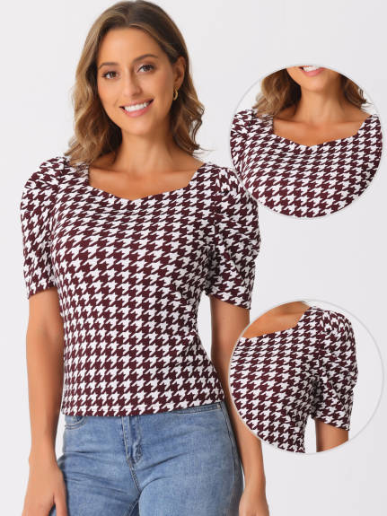 INSPIRE CHIC - Short Sleeve Houndstooth Work Blouse