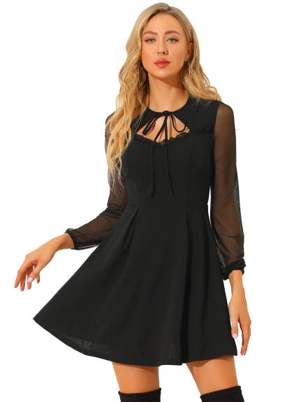 Allegra K- Tie Neck Ruffled Mesh Long Sleeve Mini Dress