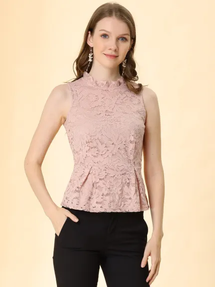 Allegra K- Ruffle Neck Sleeveless Floral Lace Peplum Top