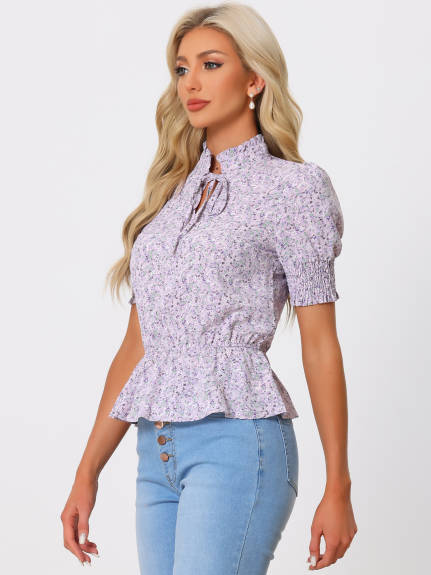 Allegra K - Ruffled Neck Summer Floral Peplum Top