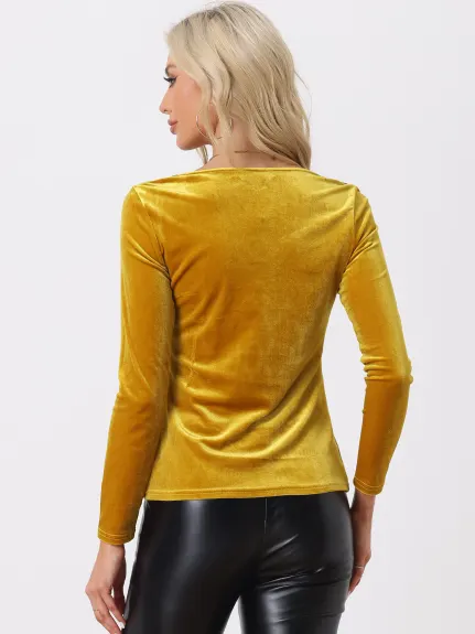 Allegra K- Velvet Sweetheart Neck Long Sleeves Top