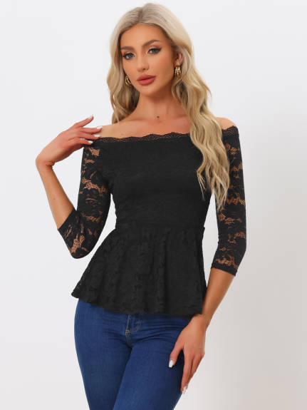 Allegra K- Floral Lace Off the Shoulder 3/4 Sleeve Peplum Top