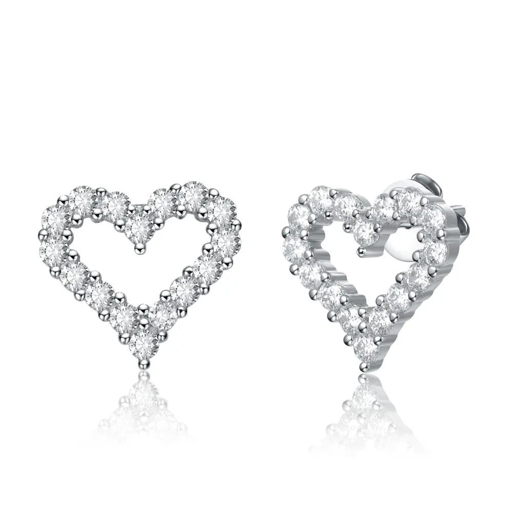 Stella Valentino Sterling Silver with 1ctw Lab Created Moissanite French Pave Heart Halo Stud Earrings